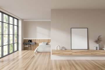 Fototapeta na wymiar Light bedroom interior with bed and drawer with decoration. Mockup frame