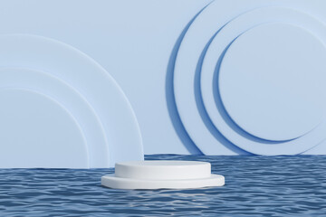 White podium floating on water, mockup for product display