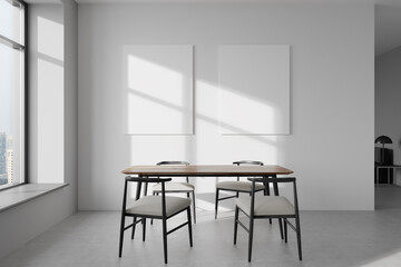 Grey living room interior with seats and eating table, mockup frames