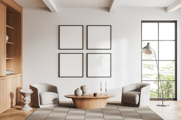 Light relax room interior with seats and panoramic window, shelf. Mockup frames