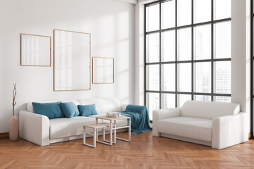 Light living room interior with couch and panoramic window, mockup frames