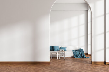 Front view on bright living room interior with empty wall