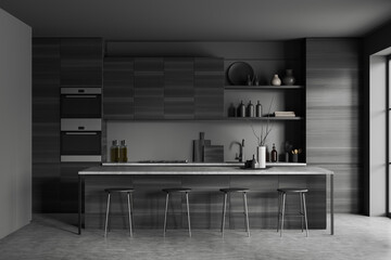 Grey kitchen interior with island and seats, shelves and kitchenware