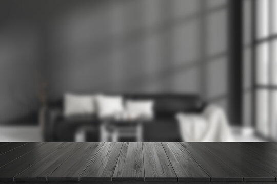 Wooden table on background of lounge zone with couch. Mockup