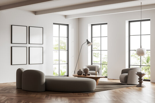 Light relax room interior with seats and panoramic window. Mockup frames