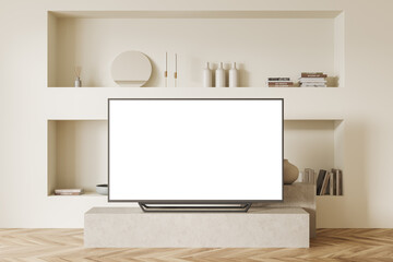 Relax room interior with tv on a stand, shelf with art decoration, mockup screen