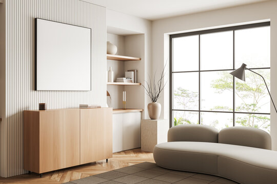 Light chill room interior with couch and panoramic window. Mockup frame