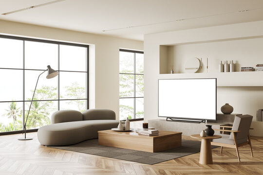 Relax room interior with seats and tv on stand, panoramic window. Mockup display
