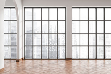 Light empty hall with panoramic window on city view
