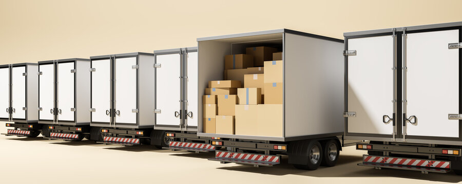 Row of trailers and cardboard boxes, trucking concept. Mockup