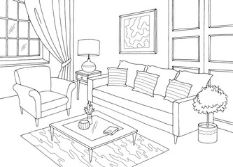 Living room graphic black white interior sketch illustration vector 