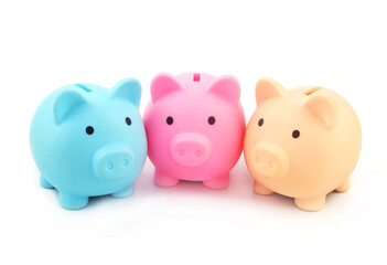 Three colorful piggy banks isolated on white background
