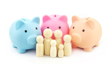 Family people figures and three piggy banks. Family budget, people and financial funds and savings concept. 
