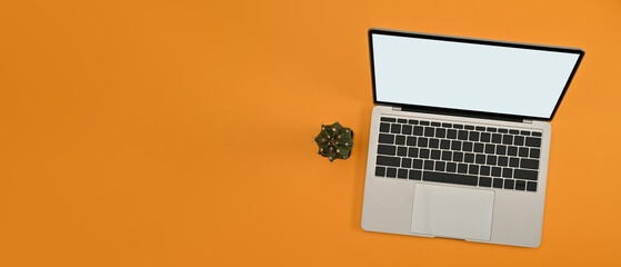 Fototapeta na wymiar Top view of modern laptop with blank empty screen and cactus isolated on yellow background.