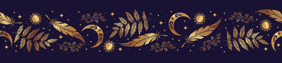 Magic seamless vector border with feathers, moons, ferns and stars. Gold decorative ornament. Graphic pattern for astrology, esoteric, tarot, mystic and magic. Luxury elegant design. - obrazy, fototapety, plakaty