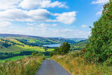 Fototapeta na wymiar Gouthwaite Reservoir in Nidderdale, North Yorkshire, UK, an area of outstanding natural beauty, as seen from high above Wath Lane, Wath, in late summer. Horizontal. Copy space.