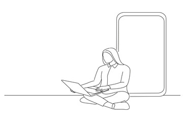 Drawing of big phone behind woman. Outline drawing style art