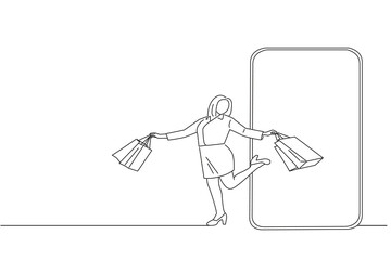 Cartoon of Cheerful Female Customer Holding Shopping Bags Coming Walking Out Empty Cell Phone Screen. Line art style