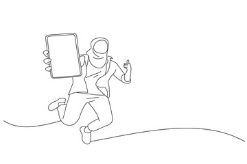 Illustration of cheerful girl redhead asian muslim teenager jumping up, showing thumb up and newest smartphone with empty screen. Outline drawing style art