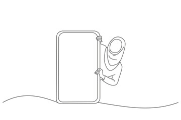 Obraz premium Cartoon of excited asian muslim lady peeking out big giant vertical smartphone with white blank screen presenting device display. One line art