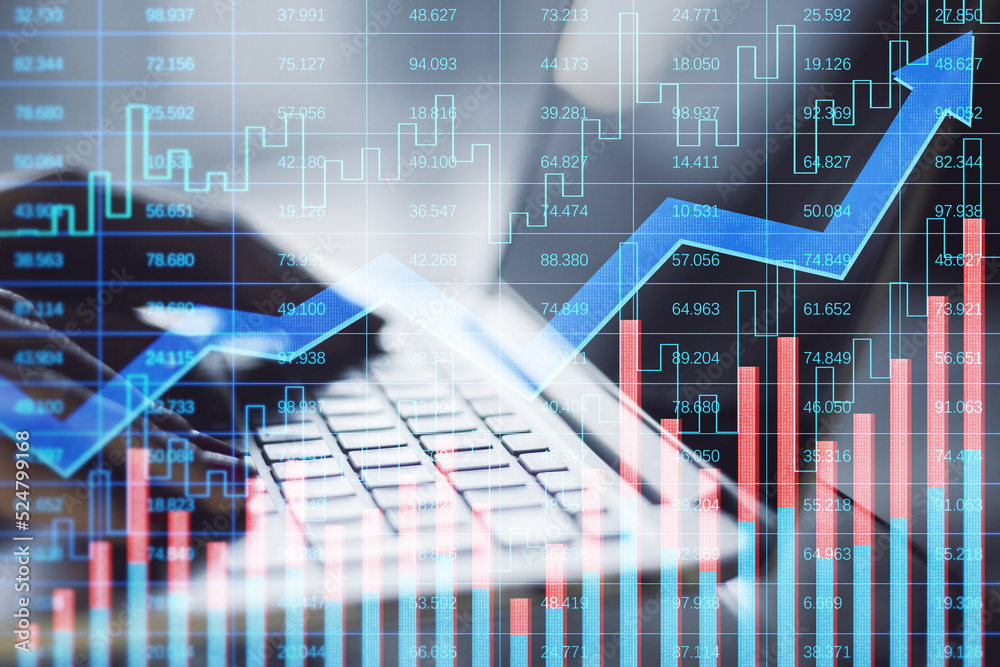 Poster close up of hands using laptop with creative growing financial forex chart with upward arrow on blur