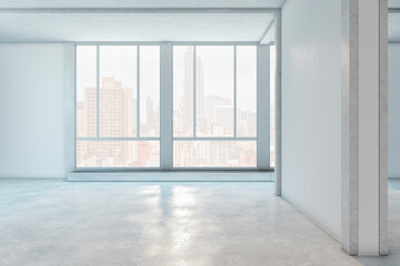 Modern light concrete interior with window with city view. Gallery and exhibition concept. 3D Rendering.