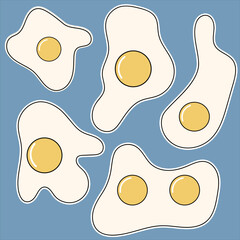 Vector illustration of five cartoon fried eggs on a blue background