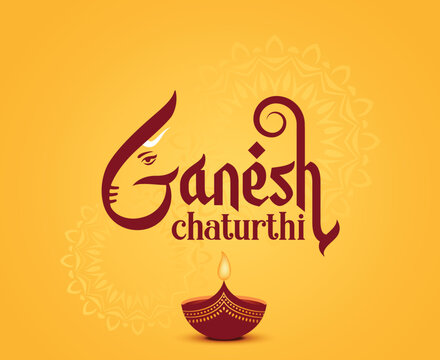 Indian Religious Festival Ganesh Chaturthi Typography Design with Deepam