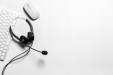 Headset and customer support equipment at call center ready for actively service , Communication support, call center and customer service help desk.for (call center) concept .