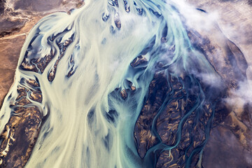 aerial view to rivers close to rainbow mountains, one of the most beautiful place on Iceland, Landmannalaugar © Ondrej