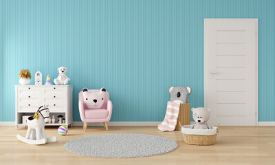 Blue child room interior with copy space, 3D rendering