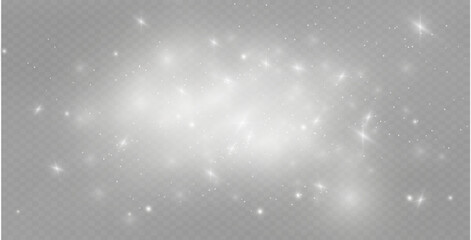 Dust sparks and stars shine with a special light. Christmas light effect. Glittering particles of magic dust.Vector sparkles on a transparent background.