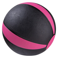 Black medicine ball with pink stripes, for crossfit and physiotherapy exercises, on a white background