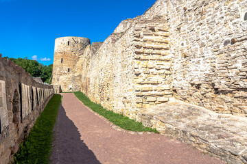 Fototapeta na wymiar Walls and tower of the Izborsk fortress, Izborsk, Pskov region, Russia