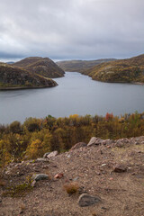 Fototapeta premium Rocky Mountain in autumn season, Terabiska, Murmansk, Russia