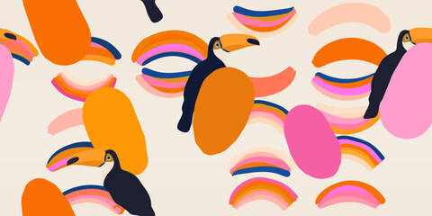 Hand drawn cute exotic pattern with toucans. Dynamic abstract colorful shapes. Fashionable template for design. Modern cartoon style.  © MURRIRA