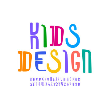 Playful font, kids alphabet, trendy modern letters and numbers, vector illustration 10EPS