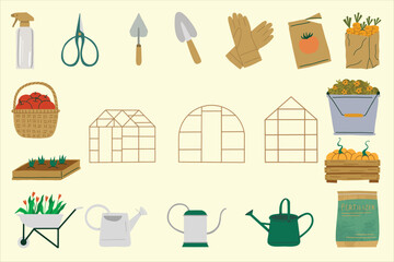 Gardening Tools. Farmer Life Illustration.Greenhouse Element.