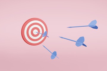 Business success concept arrows and dartboard target in pink background. 3D illustration financial icon for stock market crypto or forex