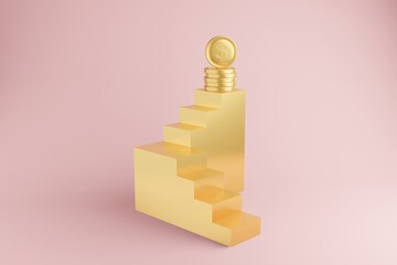 Business success concept gold coin on stair in pink background. 3D illustration financial icon for stock market crypto or forex