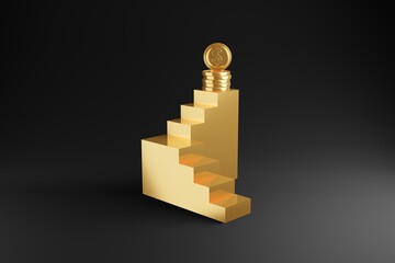 Business success concept gold coin on stair in black background. 3D illustration financial icon for stock market crypto or forex