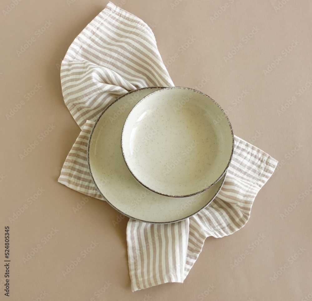 Wall mural plate mockup, empty modern minimal table place setting neutral beige color top view. space for text 