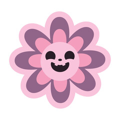 Spooky retro daisy flower with carved pumpkin style face with smile, scary funny emotion. Groovy retro y2k Halloween clip art design element, t shirt print.