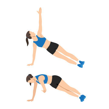 Woman doing Thread the needle side plank exercise. Flat vector illustration isolated on white background