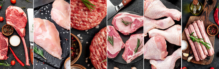 Photo collage. Raw varied meat chicken, pork, beef on a stone background