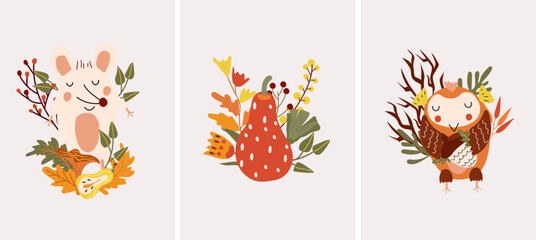 Cute Autumn composition with cute mouse, funny owl and pumpkin, leaves, mushroom. Perfect for web, harvest festival, banner, card and Thanksgiving. Vector illustration.