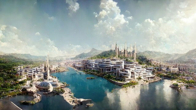 The City of Alanya in 100 years. Futuristic landscape illustration, based on ai-generated image
