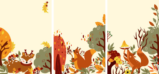 Cute Autumn composition with colorful trees, a cute squirrel holds the mushroom, cute deer lying between trees, and funny fox. Perfect for your greeting cards, poster, postcard. Vector illustration.