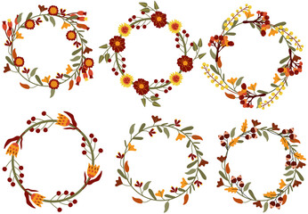 Cute Autumn wreaths with colorful flowering, berryes, leaves. Composition for your greeting cards, poster, postcard.Vector Illustration