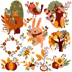 Autumn set, cute forest animals and autumn elements, cunning fox, dancing rabbit, funny raccoon, colorful trees, leaves, flowers. Perfect for web, harvest festival, banner, card and Thanksgiving.